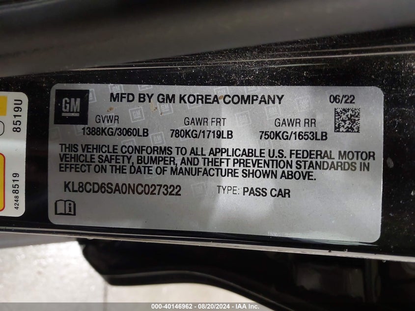 KL8CD6SA0NC027322 2022 Chevrolet Spark Fwd 1Lt Automatic