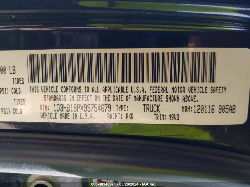 2009 Dodge Ram 1500 VIN: 1D3HB18PX9S754679 Lot: 40146971