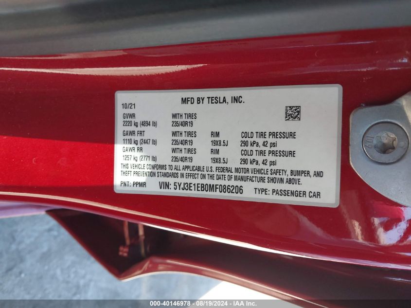 2021 Tesla Model 3 Long Range Dual Motor All-Wheel Drive VIN: 5YJ3E1EB0MF086206 Lot: 40146978