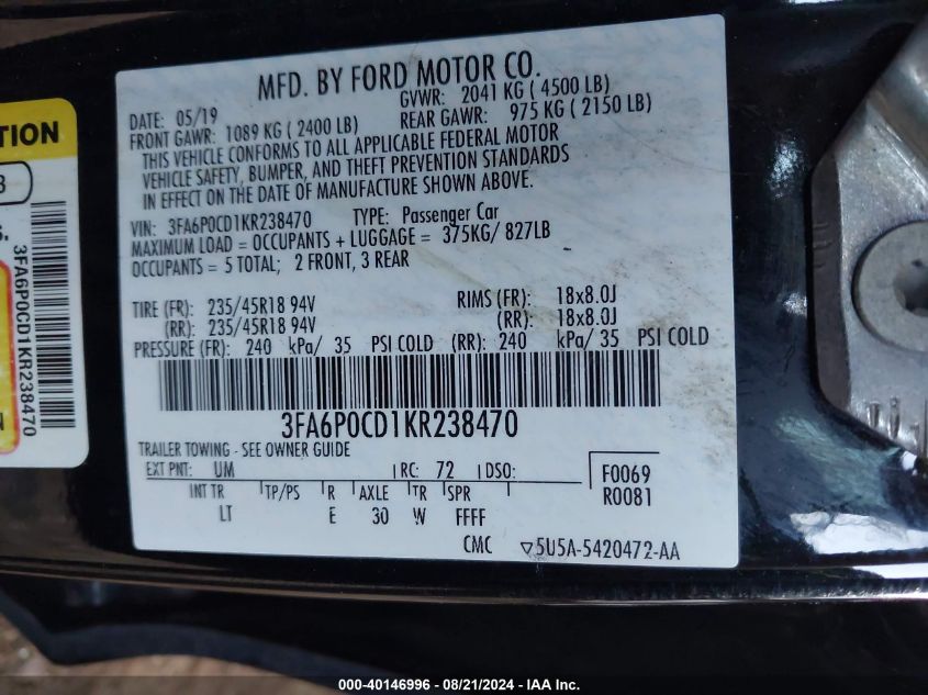 2019 Ford Fusion Sel VIN: 3FA6P0CD1KR238470 Lot: 40146996