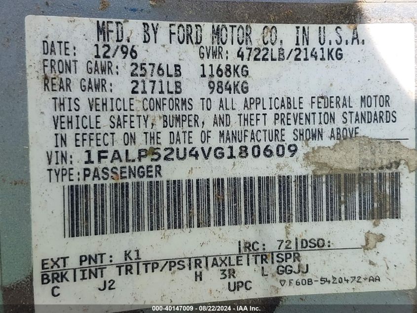 1FALP52U4VG180609 1997 Ford Taurus Gl