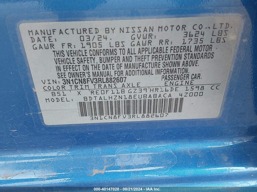 2024 Nissan Versa Sr VIN: 3N1CN8FV3RL882607 Lot: 40147028