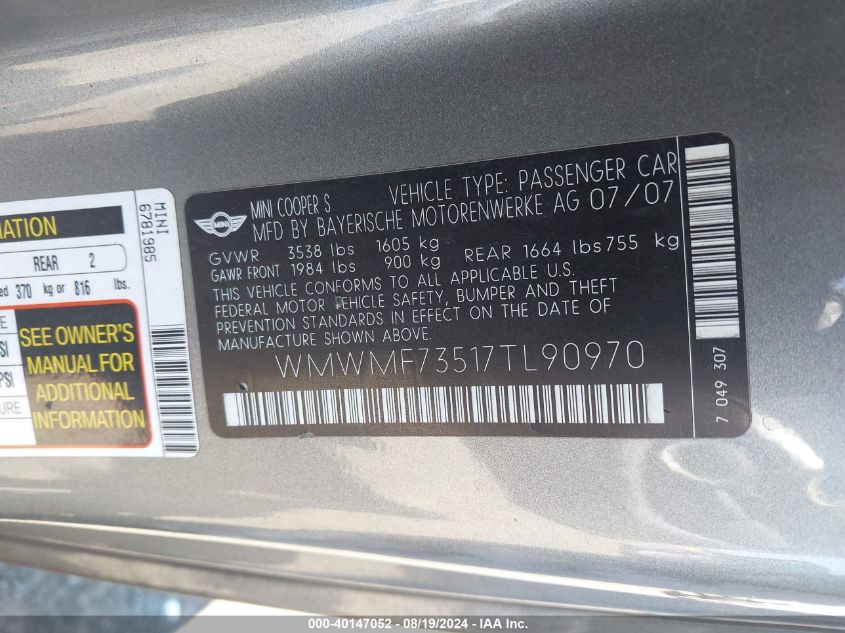 2007 Mini Cooper S VIN: WMWMF73517TL90970 Lot: 40147052