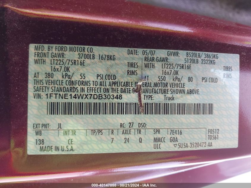 2007 Ford E-150 Commercial/Recreational VIN: 1FTNE14WX7DB30348 Lot: 40147055