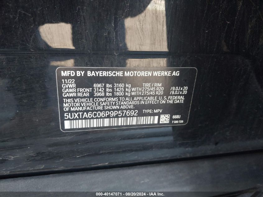 2023 BMW X5 xDrive45E VIN: 5UXTA6C06P9P57692 Lot: 40147071