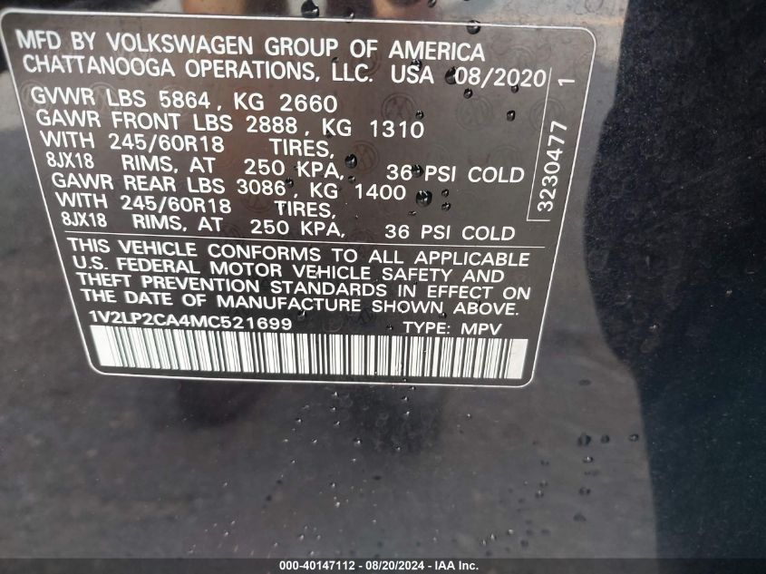 1V2LP2CA4MC521699 2021 Volkswagen Atlas 2.0T Se