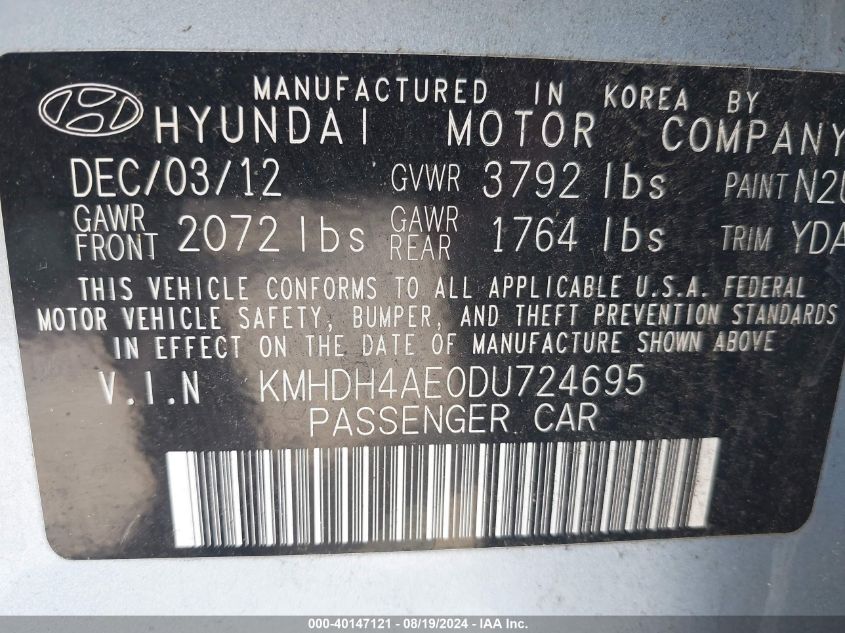 2013 Hyundai Elantra Gls VIN: KMHDH4AE0DU724695 Lot: 40147121