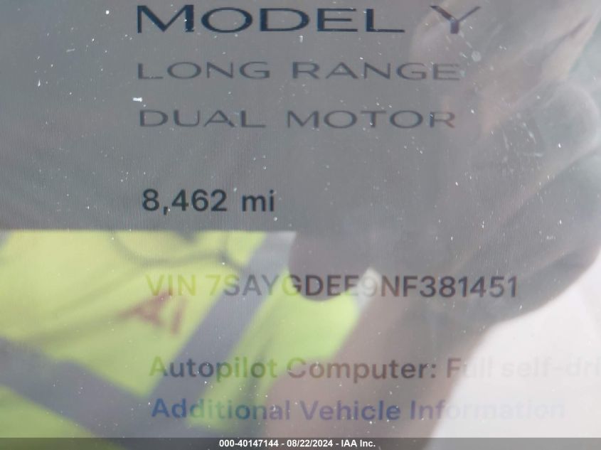 2022 Tesla Model Y Long Range Dual Motor All-Wheel Drive VIN: 7SAYGDEE9NF381451 Lot: 40147144