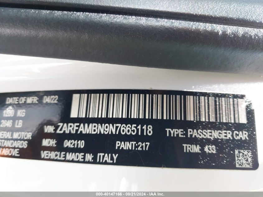 2022 Alfa Romeo Giulia Ti Rwd VIN: ZARFAMBN9N7665118 Lot: 40147166