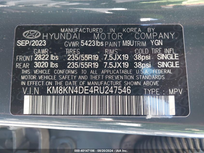 2024 Hyundai Ioniq 5 Sel VIN: KM8KN4DE4RU247546 Lot: 40147186