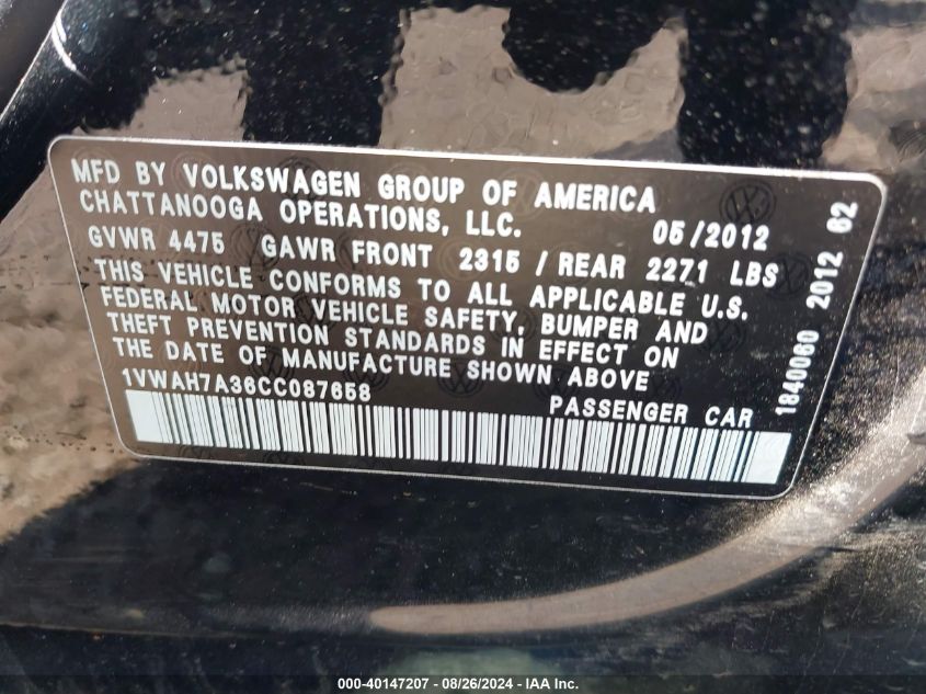 2012 Volkswagen Passat 2.5L S VIN: 1VWAH7A36CC087658 Lot: 40147207