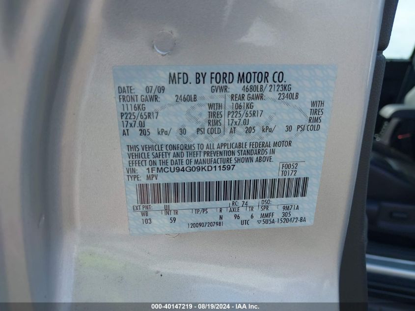 2009 Ford Escape Limited VIN: 1FMCU94G09KD11597 Lot: 40147219