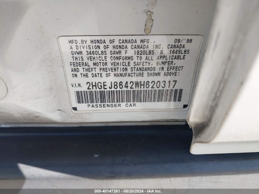 1998 Honda Civic Ex VIN: 2HGEJ8642WH620317 Lot: 40147261