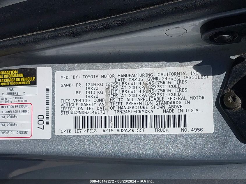 2006 Toyota Tacoma VIN: 5TEUX42NX6Z146170 Lot: 40147272