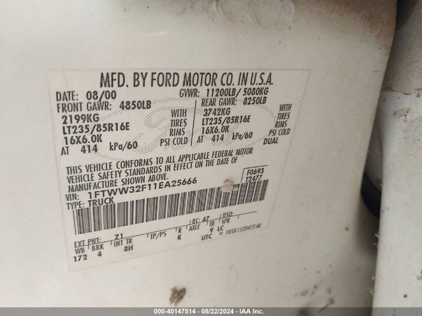 2001 Ford F-350 Lariat/Xl/Xlt VIN: 1FTWW32F11EA25666 Lot: 40147514