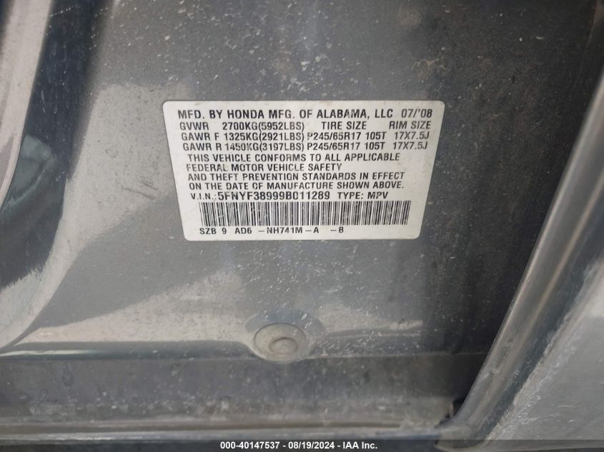 2009 Honda Pilot Touring VIN: 5FNYF38999B011289 Lot: 40147537