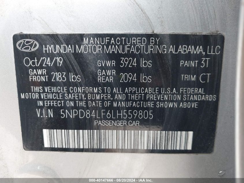 2020 HYUNDAI ELANTRA SEL - 5NPD84LF6LH559805