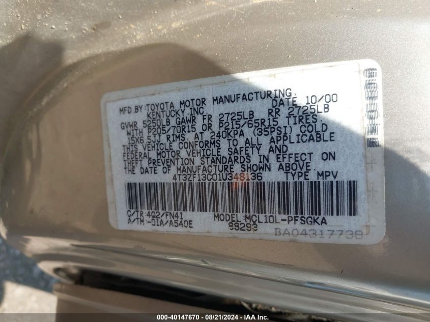 2001 Toyota Sienna Le VIN: 4T3ZF13C01U348136 Lot: 40147670