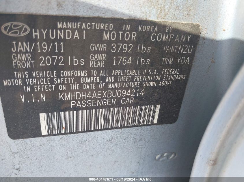 2011 Hyundai Elantra Limited (Ulsan Plant) VIN: KMHDH4AEXBU094214 Lot: 40147671