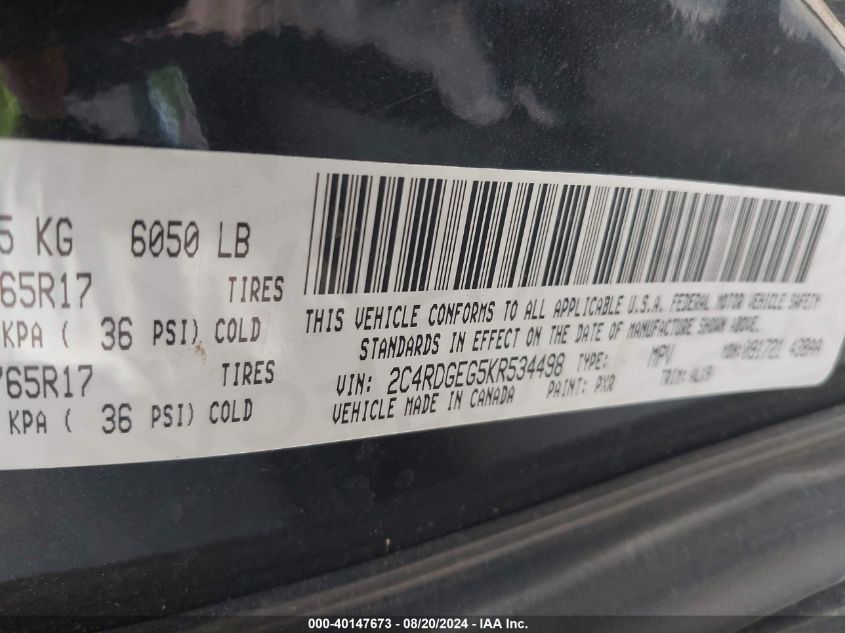 2019 Dodge Grand Caravan Gt VIN: 2C4RDGEG5KR534498 Lot: 40147673