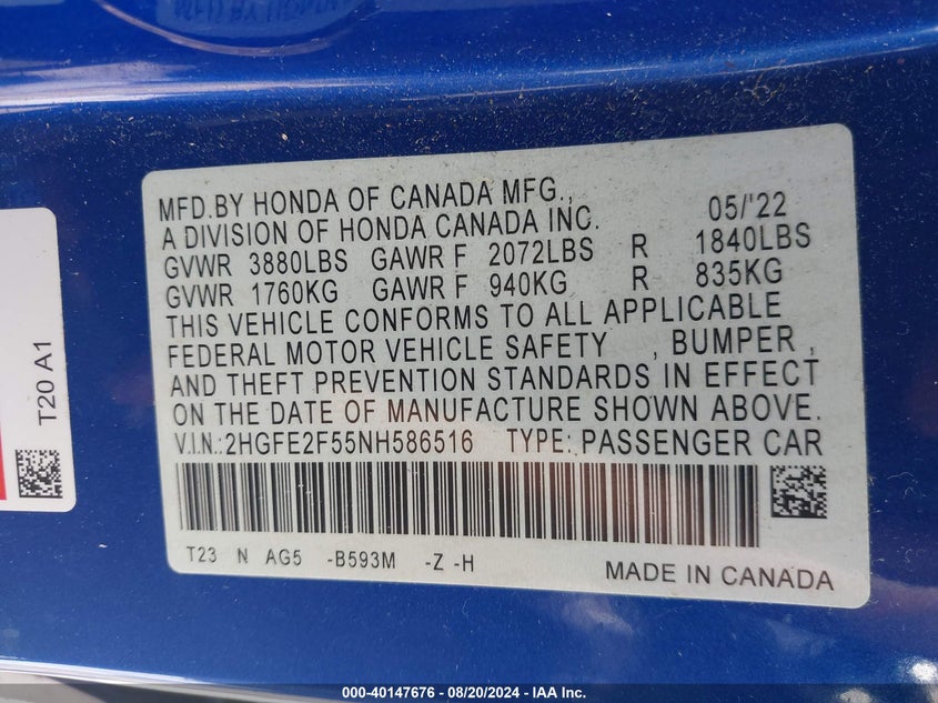 2022 HONDA CIVIC SPORT - 2HGFE2F55NH586516