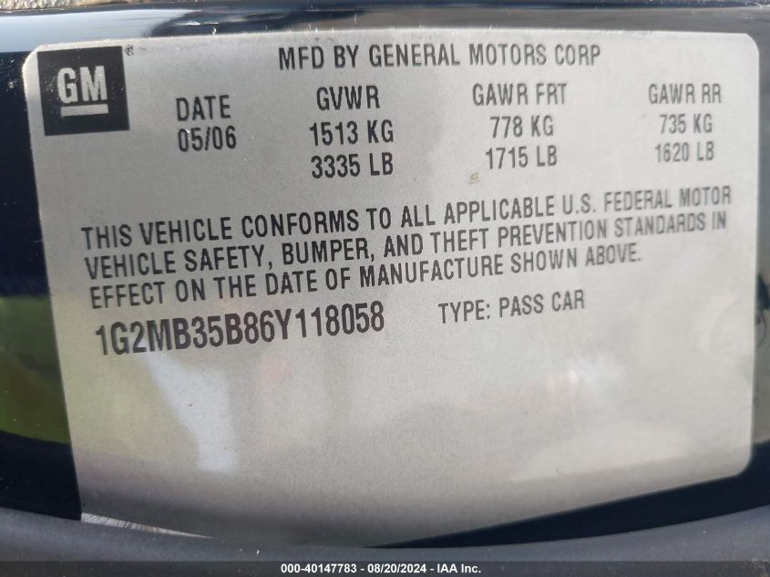 2006 Pontiac Solstice VIN: 1G2MB35B86Y118058 Lot: 40147783