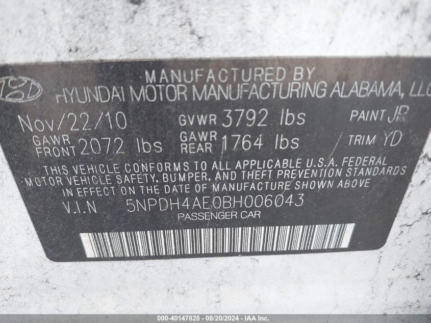 2011 Hyundai Elantra Gls VIN: 5NPDH4AE0BH006043 Lot: 40147825