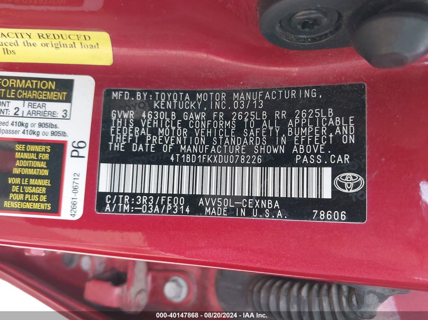 2013 TOYOTA CAMRY HYBRID LE - 4T1BD1FKXDU078226