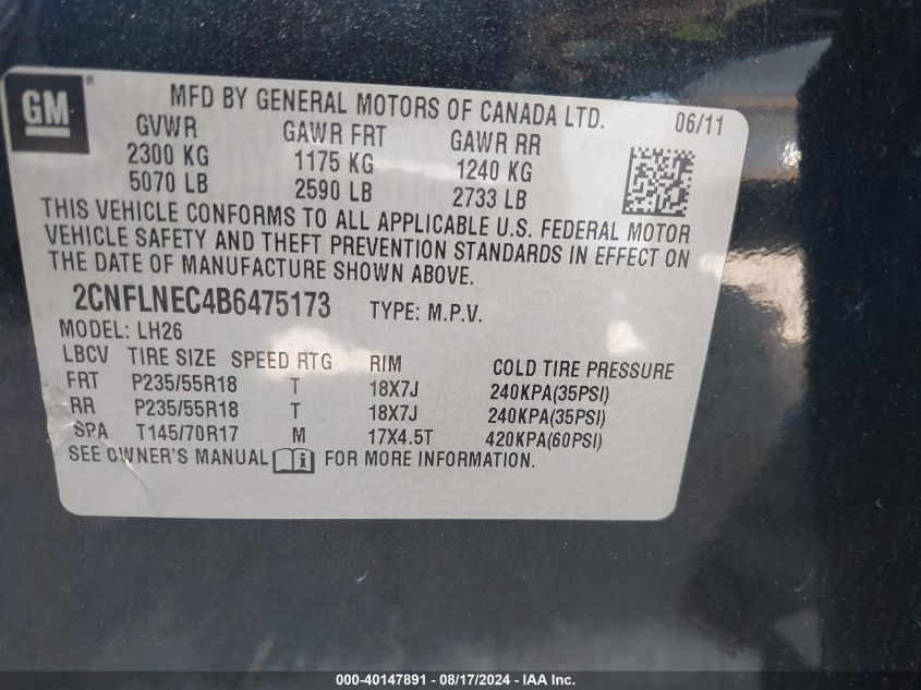 2011 Chevrolet Equinox 2Lt VIN: 2CNFLNEC4B6475173 Lot: 40147891