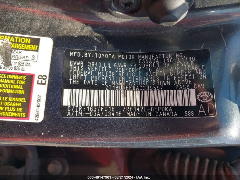 2010 Toyota Corolla VIN: 2T1BU4EE8AC389597 Lot: 40147903