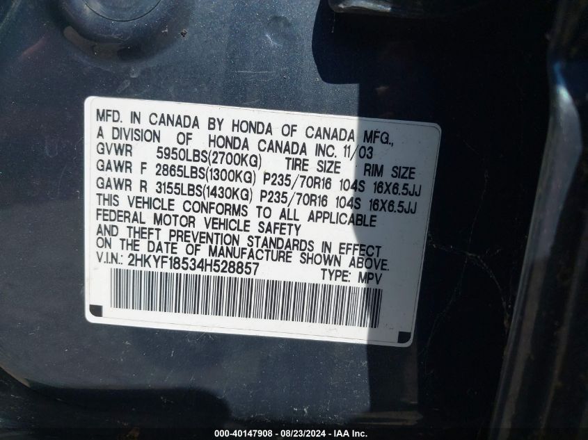 2004 Honda Pilot Ex-L VIN: 2HKYF18534H528857 Lot: 40147908