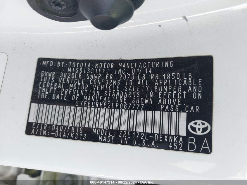 2014 TOYOTA COROLLA LE PLUS - 5YFBURHE2EP067777