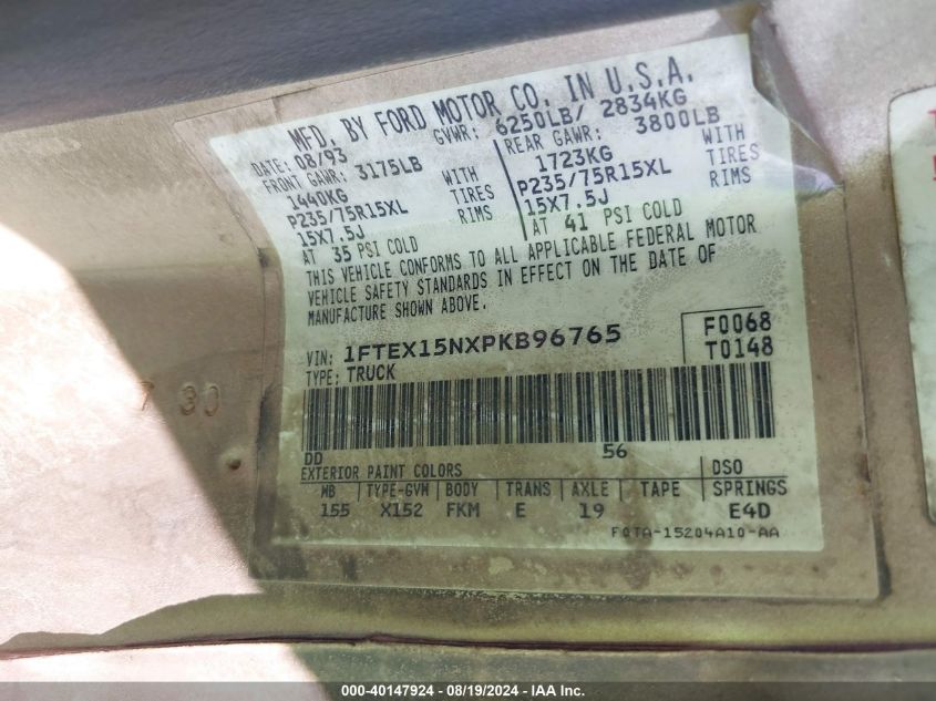 1993 Ford F150 VIN: 1FTEX15NXPKB96765 Lot: 40147924