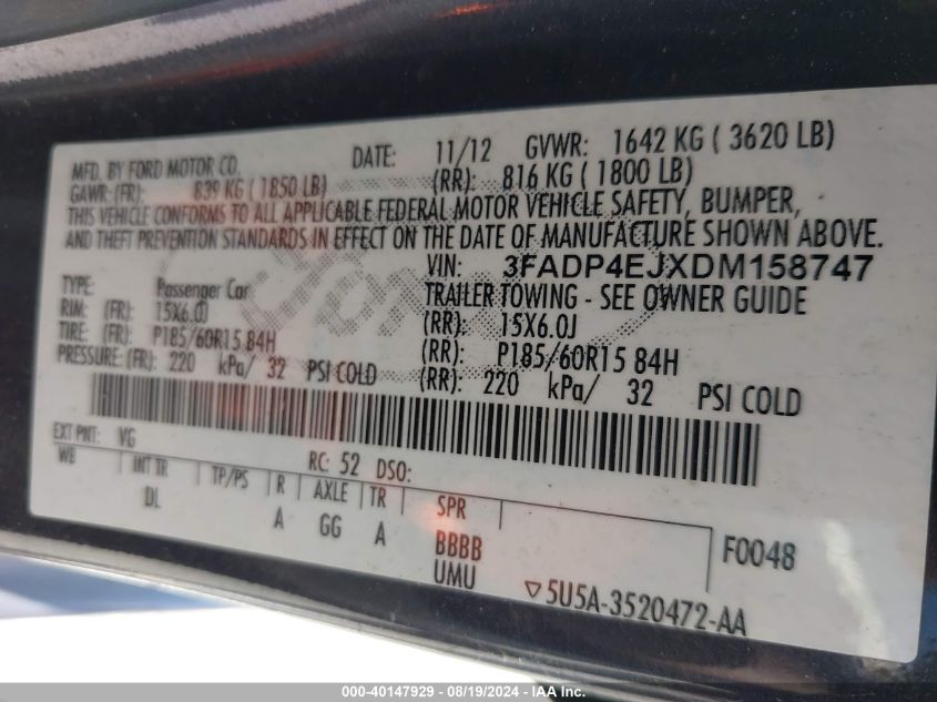 2013 Ford Fiesta Se VIN: 3FADP4EJXDM158747 Lot: 40147929