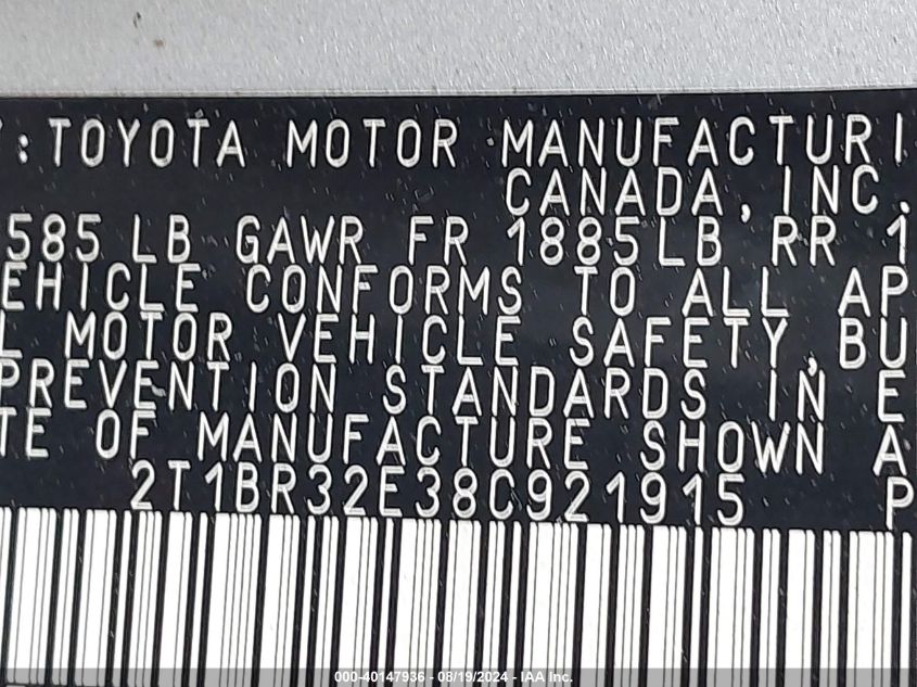 2008 Toyota Corolla Le VIN: 2T1BR32E38C921915 Lot: 40147936