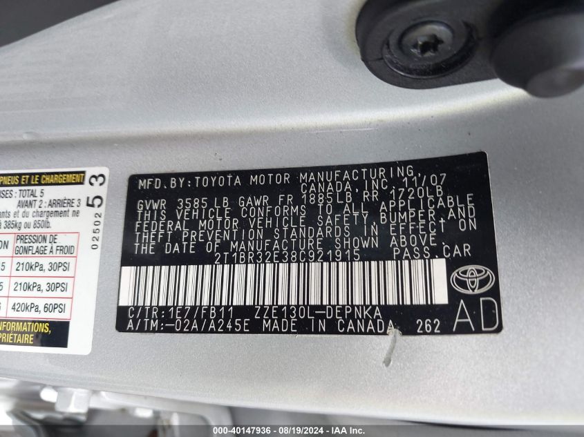 2008 Toyota Corolla Le VIN: 2T1BR32E38C921915 Lot: 40147936