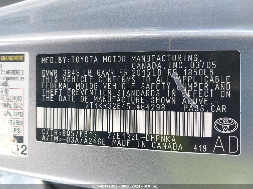 2005 Toyota Matrix Xr VIN: 2T1KR32E45C464298 Lot: 40147953