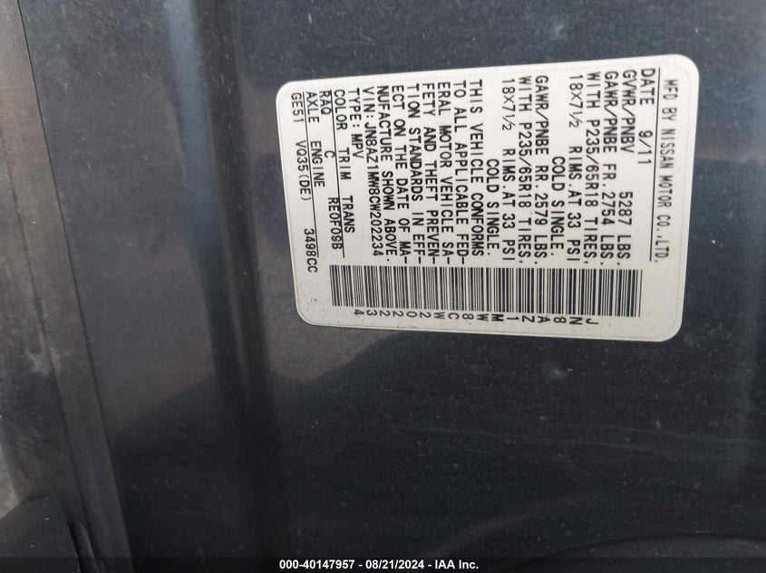 2012 Nissan Murano S/Sl/Le VIN: JN8AZ1MW8CW202234 Lot: 40147957