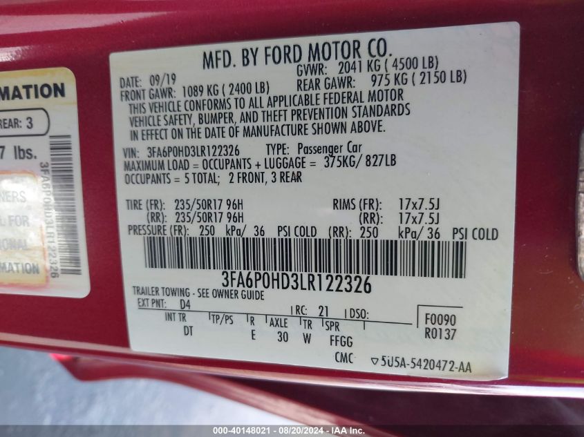 2020 Ford Fusion Se VIN: 3FA6P0HD3LR122326 Lot: 40148021