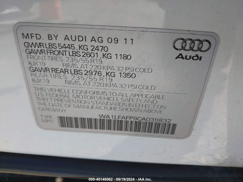 2012 Audi Q5 2.0T Premium VIN: WA1LFAFP9CA039832 Lot: 40148062