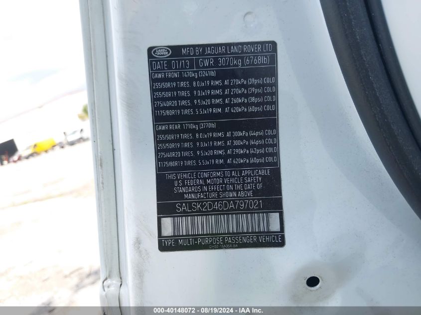 2013 Land Rover Range Rover Sport Hse VIN: SALSK2D46DA797021 Lot: 40148072