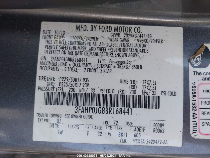 2011 Ford Fusion Sel VIN: 3FAHP0JG8BR168441 Lot: 40148076