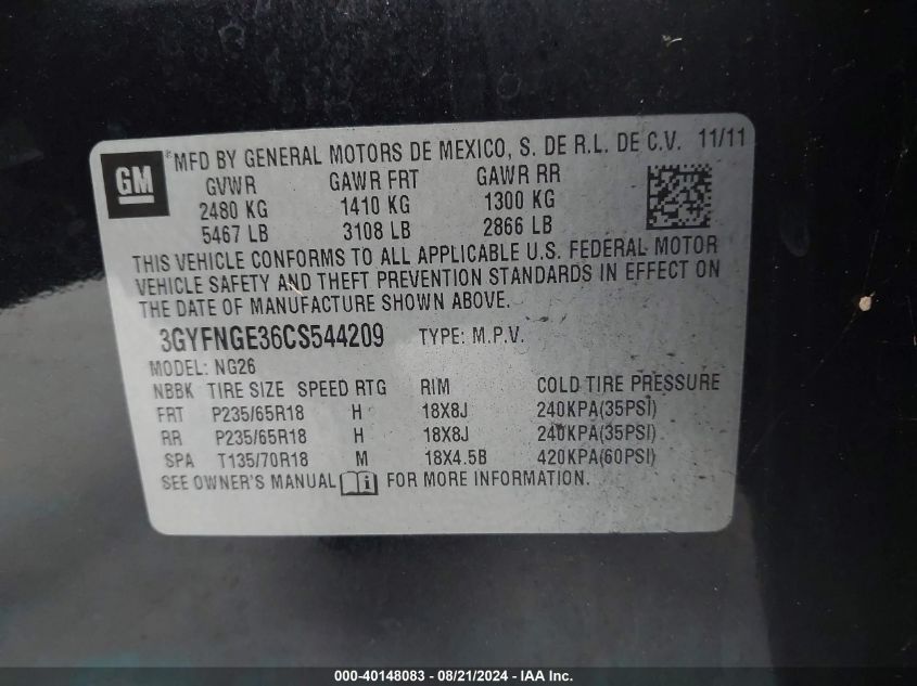 2012 Cadillac Srx Standard VIN: 3GYFNGE36CS544209 Lot: 40148083