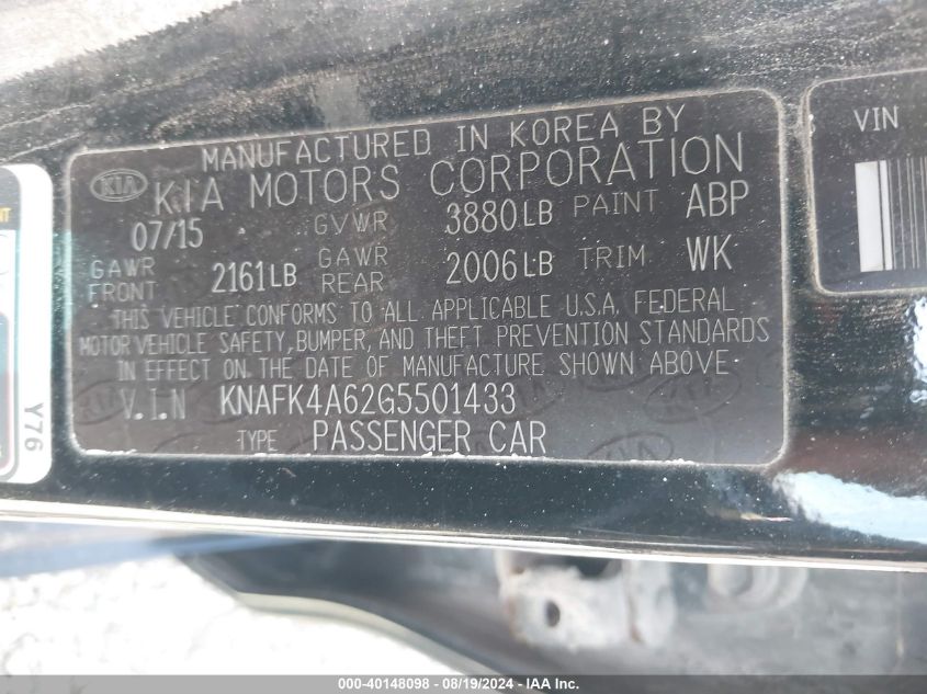 2016 Kia Forte Lx VIN: KNAFK4A62G5501433 Lot: 40148098