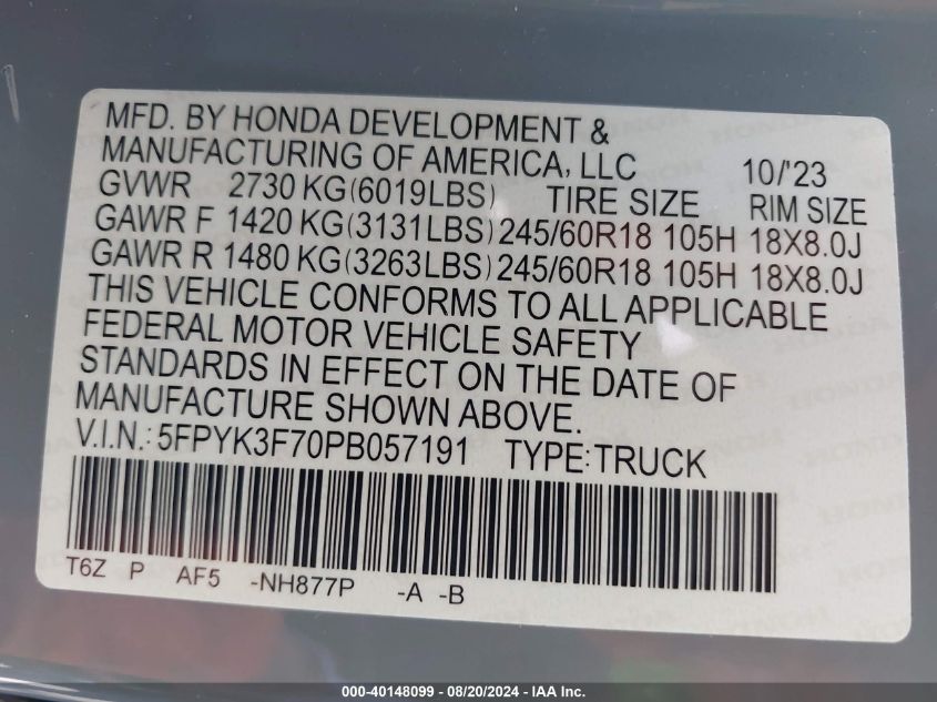 2023 Honda Ridgeline Rtl-E VIN: 5FPYK3F70PB057191 Lot: 40148099