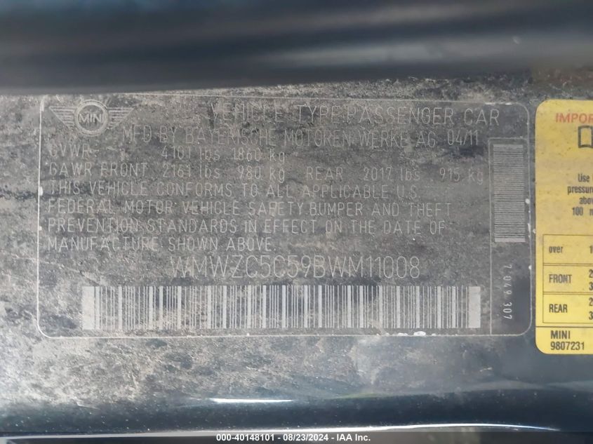 2011 Mini Cooper S Countryman VIN: WMWZC5C59BWM11008 Lot: 40148101