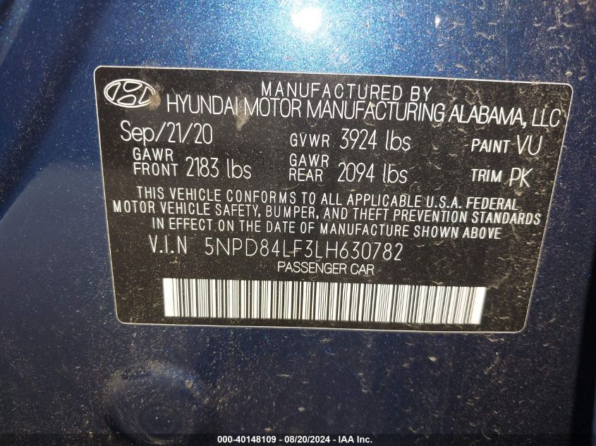 2020 Hyundai Elantra Sel VIN: 5NPD84LF3LH630782 Lot: 40148109