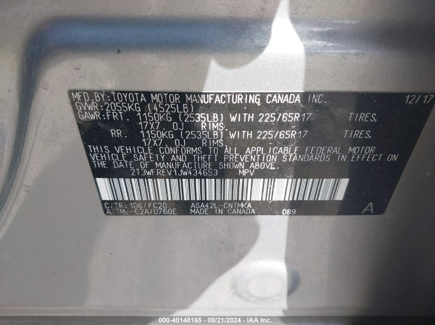 VIN 2T3WFREV1JW434653 2018 TOYOTA RAV4 XLE
