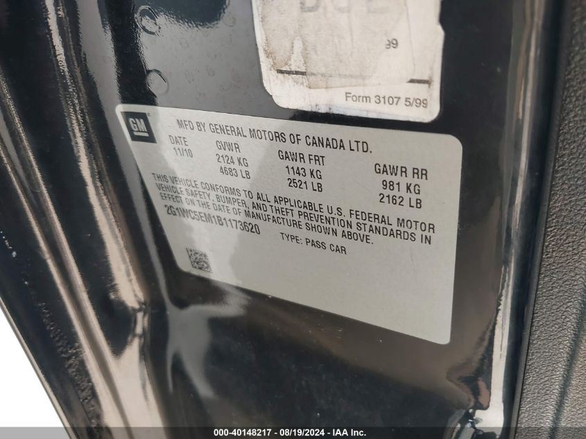 2011 Chevrolet Impala Ltz VIN: 2G1WC5EM1B1173620 Lot: 40148217