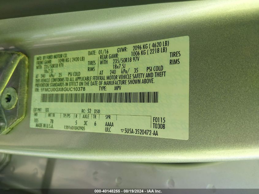 2016 Ford Escape Se VIN: 1FMCU0GX8GUC10378 Lot: 40148255